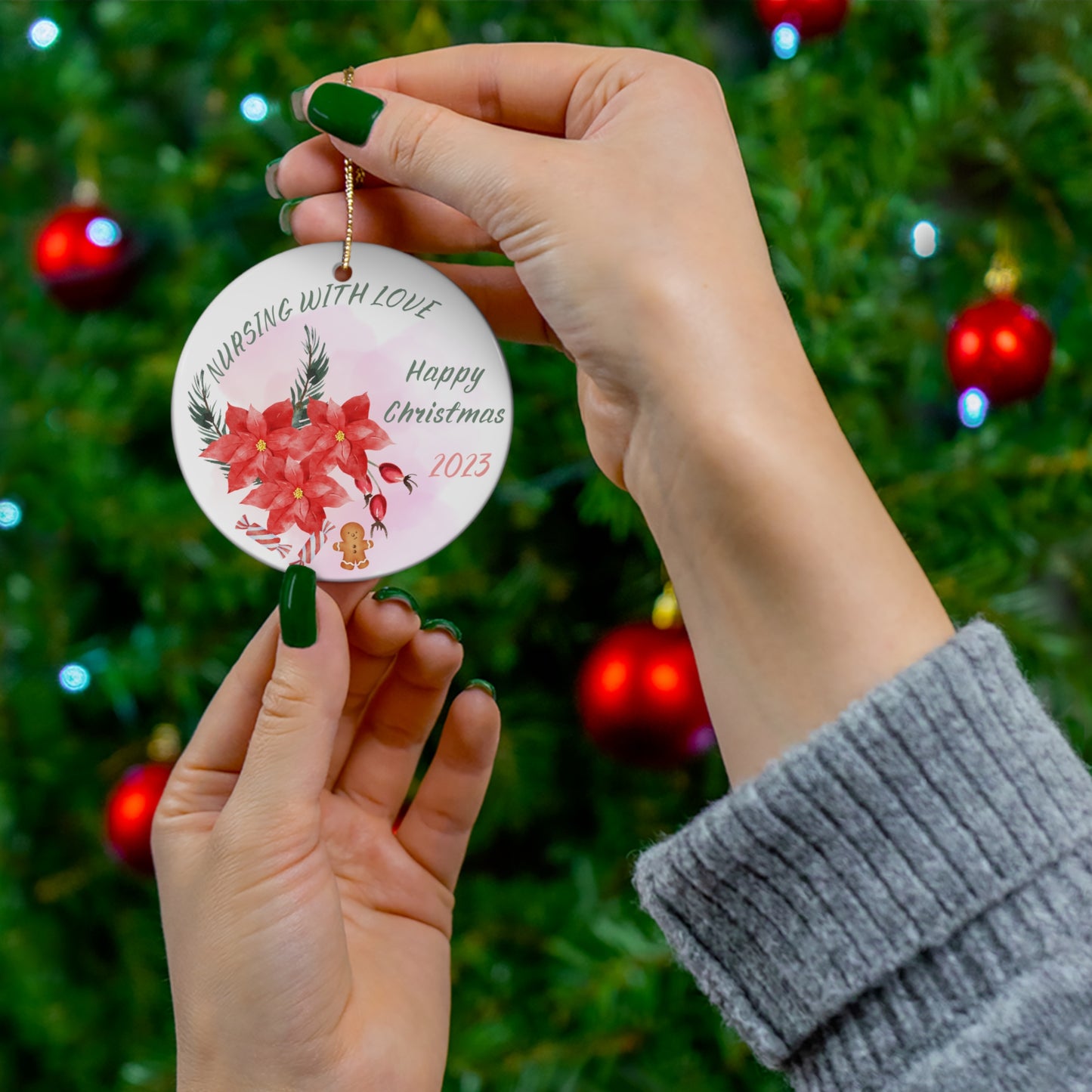 Christmas Ornament for Nurses, Holiday Decor, Gratitude Gift Idea for a Nurse, Ceramic Ornament, Unique Gift Idea, Poinsettias, Christmas Present