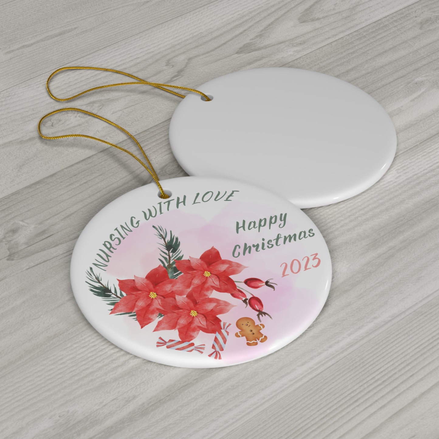 Christmas Ornament for Nurses, Holiday Decor, Gratitude Gift Idea for a Nurse, Ceramic Ornament, Unique Gift Idea, Poinsettias, Christmas Present