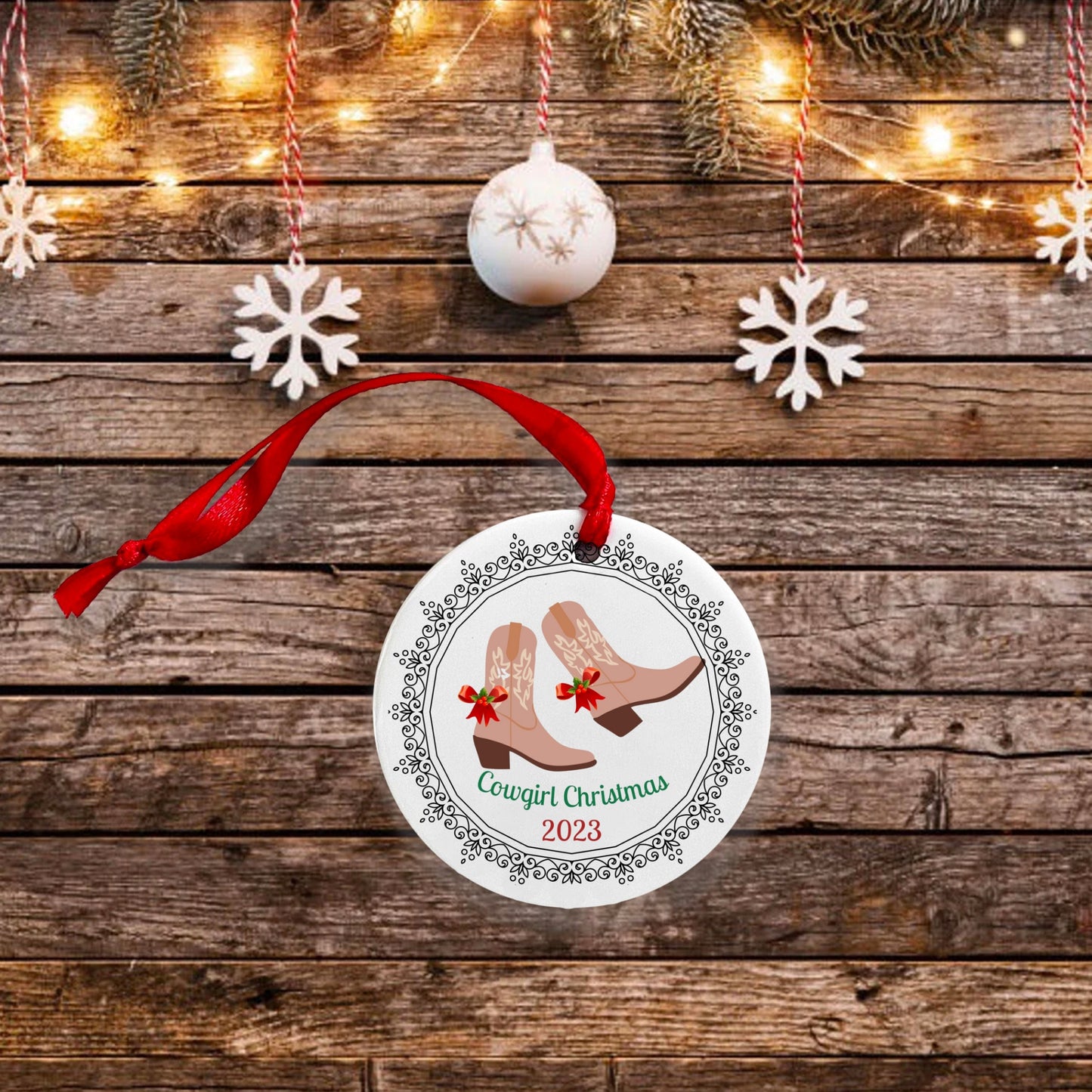 Christmas Metal Ornament, Farmhouse Aluminium Ornament, Gift Idea, Holiday Seasonal Decor, Cowgirl Christmas, Cowgirl Christmas Ornament, Old West Style Christmas