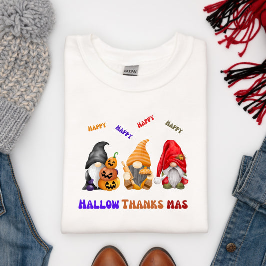 Hallothanksmas Sweatshirt, Thanksgiving T-shirt, Christmas Sweater, Halloween Shirt, Funny Gnome T-Shirt, Gift for Her, Woman's Shirt