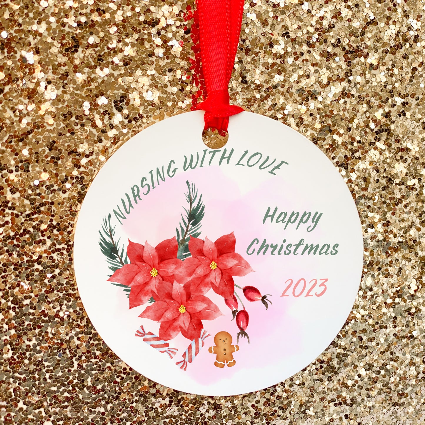 Christmas Ornament for Nurses, Holiday Decor, Gratitude Gift Idea for a Nurse, Ceramic Ornament, Unique Gift Idea, Poinsettias, Christmas Present