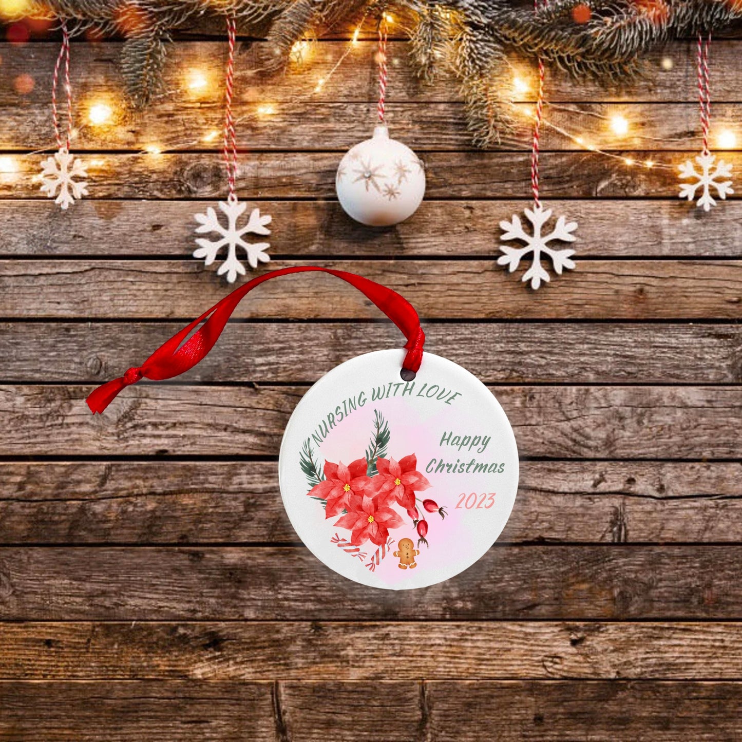 Christmas Ornament for Nurses, Holiday Decor, Gratitude Gift Idea for a Nurse, Ceramic Ornament, Unique Gift Idea, Poinsettias, Christmas Present