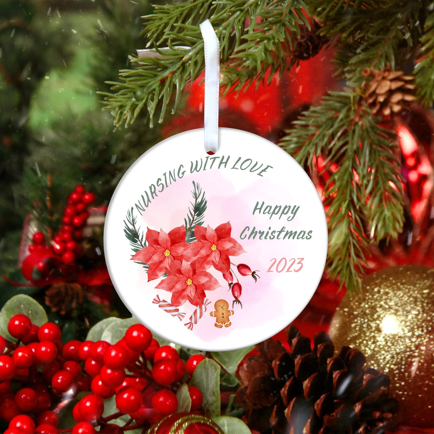 Christmas Ornament for Nurses, Holiday Decor, Gratitude Gift Idea for a Nurse, Ceramic Ornament, Unique Gift Idea, Poinsettias, Christmas Present