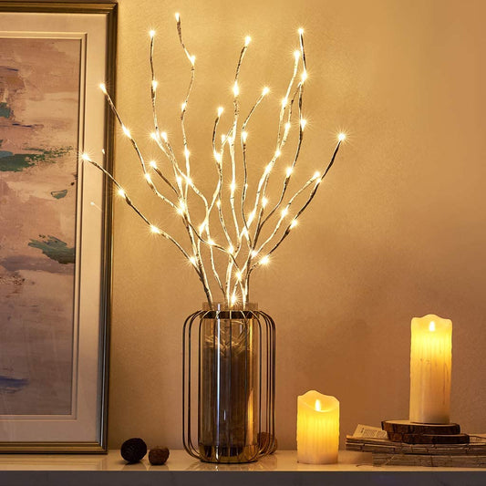 Pre Lit White Birch Twig Branch Lights 30IN 60LT Plug in Lighted Willow Branch for Home Holiday Party Wedding Spring Decoration Indoor and Outdoor Use (Vase Excluded)