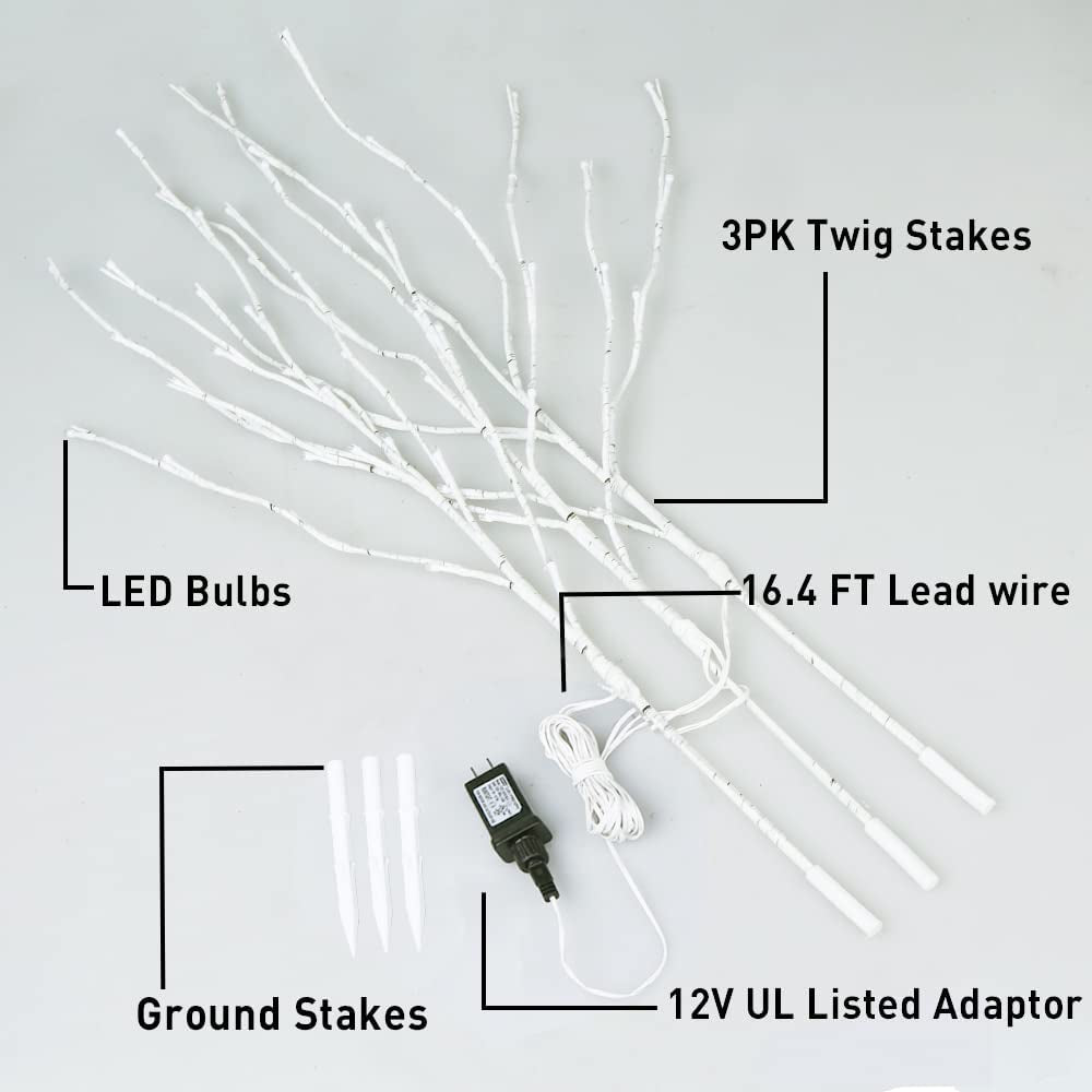 Pre Lit White Birch Twig Branch Lights 30IN 60LT Plug in Lighted Willow Branch for Home Holiday Party Wedding Spring Decoration Indoor and Outdoor Use (Vase Excluded)