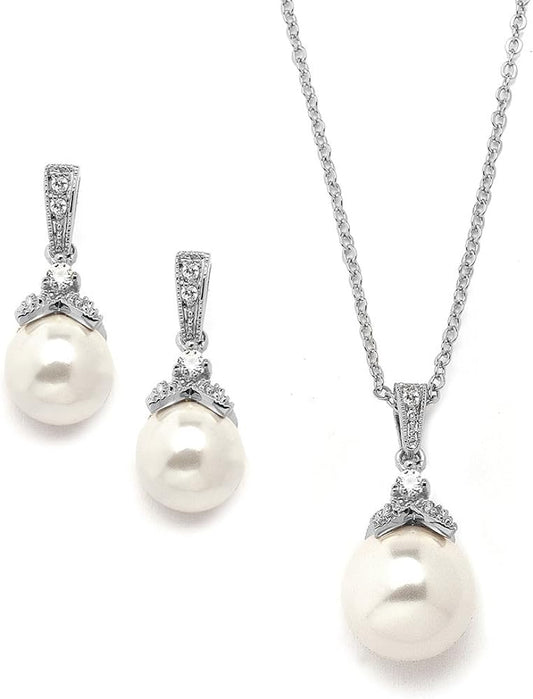 Pearl Drop Bridal Necklace Earrings Set with CZ Crystals for Bride, Bridesmaid, Birthday Gift