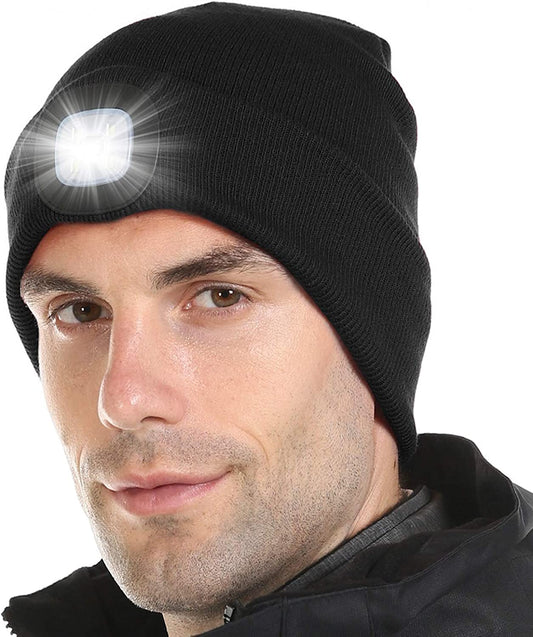 LED Lighted Beanie, Unisex Warm Knitted Hat, Rechargeable Headlamp Cap for Outdoors, Tech Gift for Men Dad Father Him