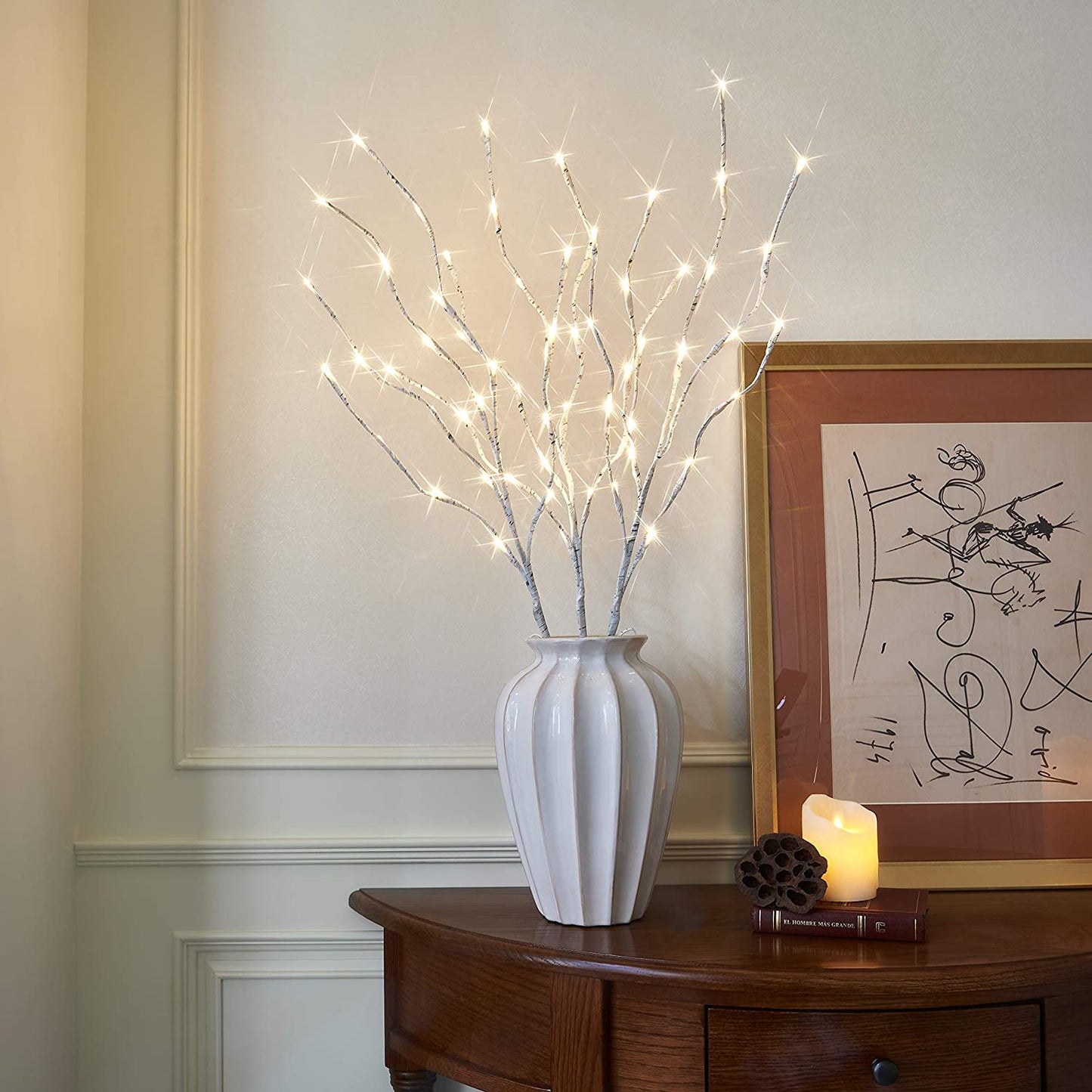 Pre Lit White Birch Twig Branch Lights 30IN 60LT Plug in Lighted Willow Branch for Home Holiday Party Wedding Spring Decoration Indoor and Outdoor Use (Vase Excluded)