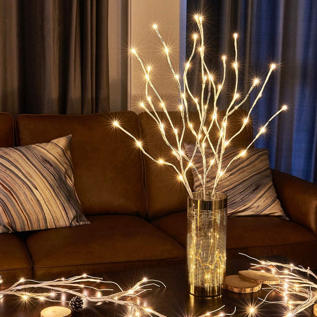 Pre Lit White Birch Twig Branch Lights 30IN 60LT Plug in Lighted Willow Branch for Home Holiday Party Wedding Spring Decoration Indoor and Outdoor Use (Vase Excluded)