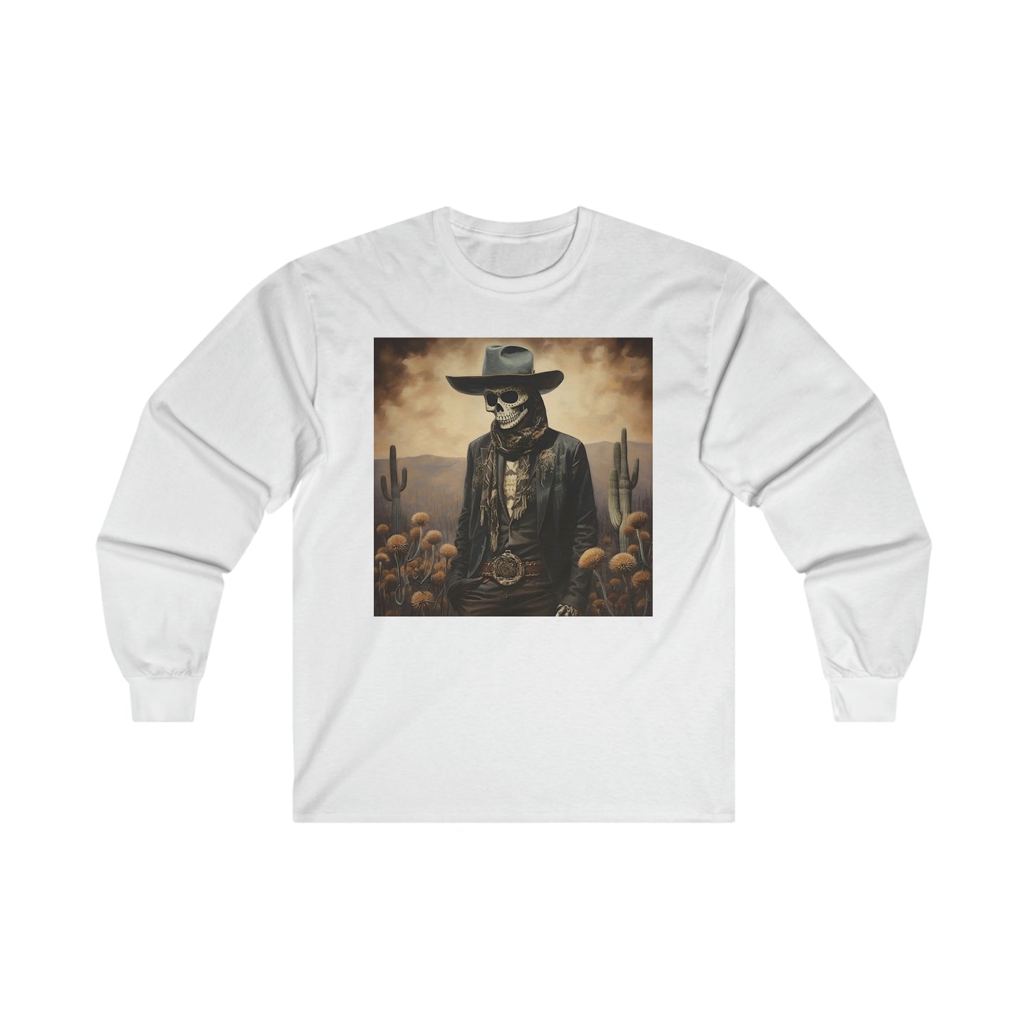 Old West Cowboy Long Sleeve Shirt, Halloween Skeleton Shirt, Mens Vintage T-Shirt, Western Mexican Cowboy Fall Shirt