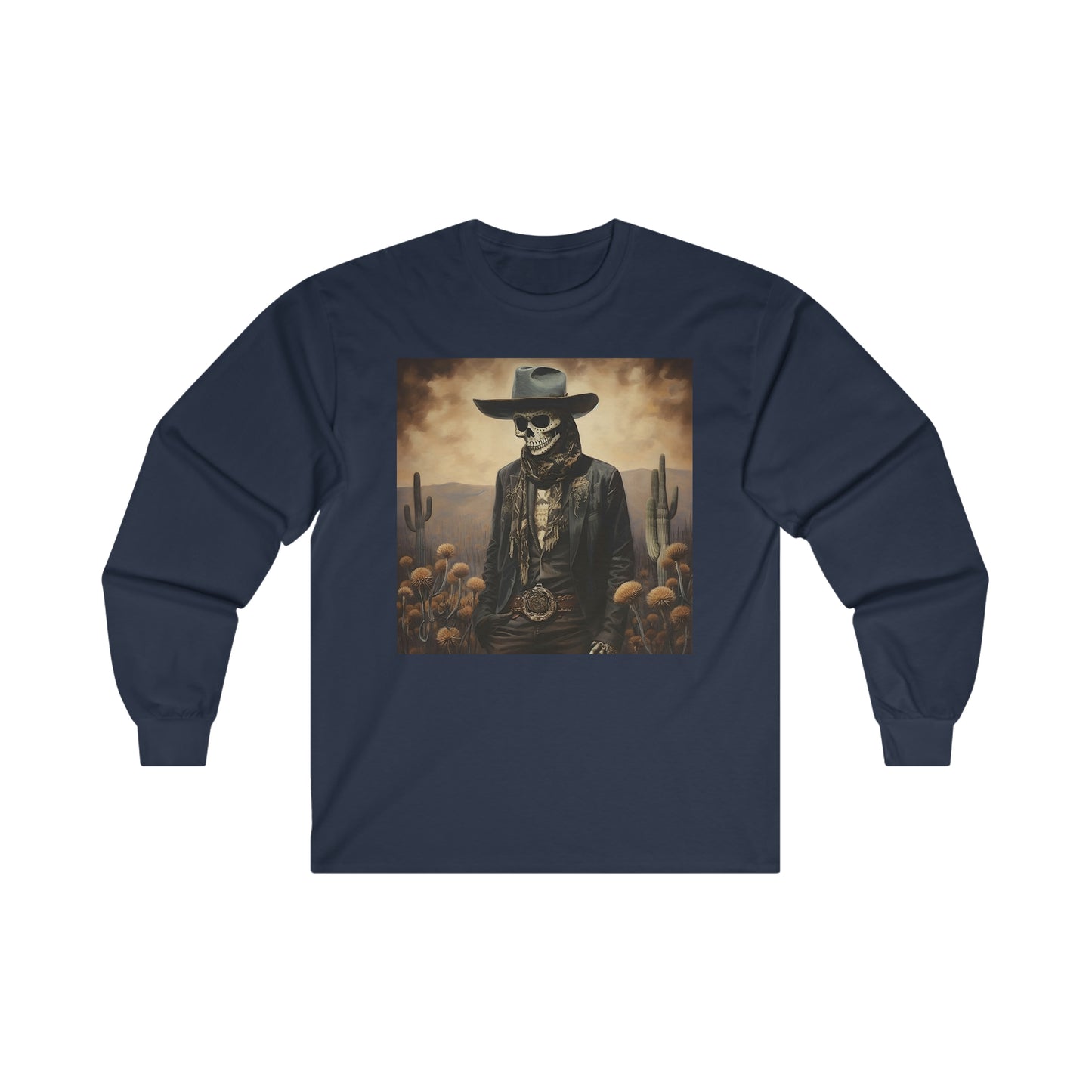 Old West Cowboy Long Sleeve Shirt, Halloween Skeleton Shirt, Mens Vintage T-Shirt, Western Mexican Cowboy Fall Shirt