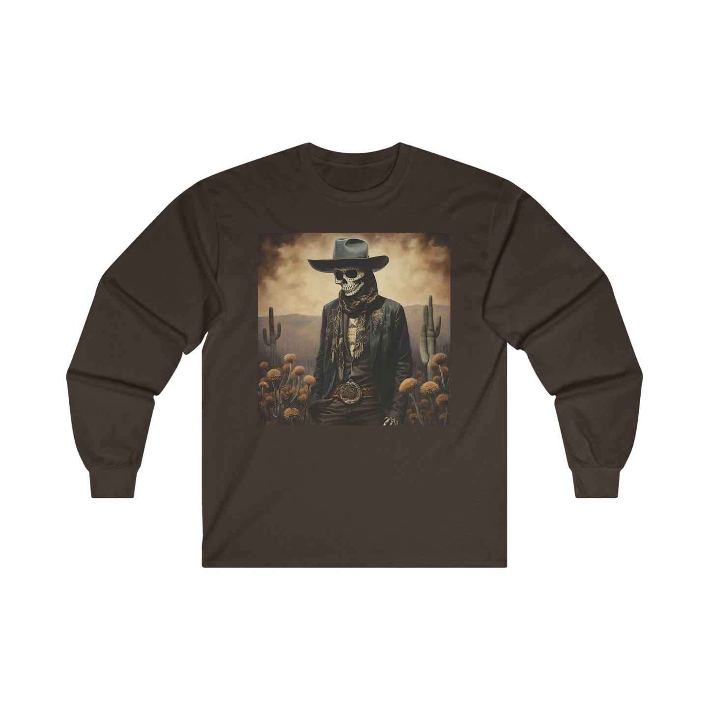 Old West Cowboy Long Sleeve Shirt, Halloween Skeleton Shirt, Mens Vintage T-Shirt, Western Mexican Cowboy Fall Shirt