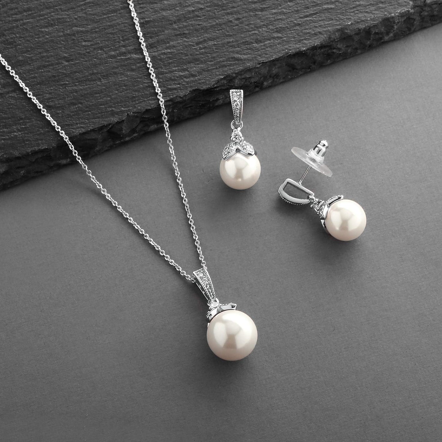 Pearl Drop Bridal Necklace Earrings Set with CZ Crystals for Bride, Bridesmaid, Birthday Gift