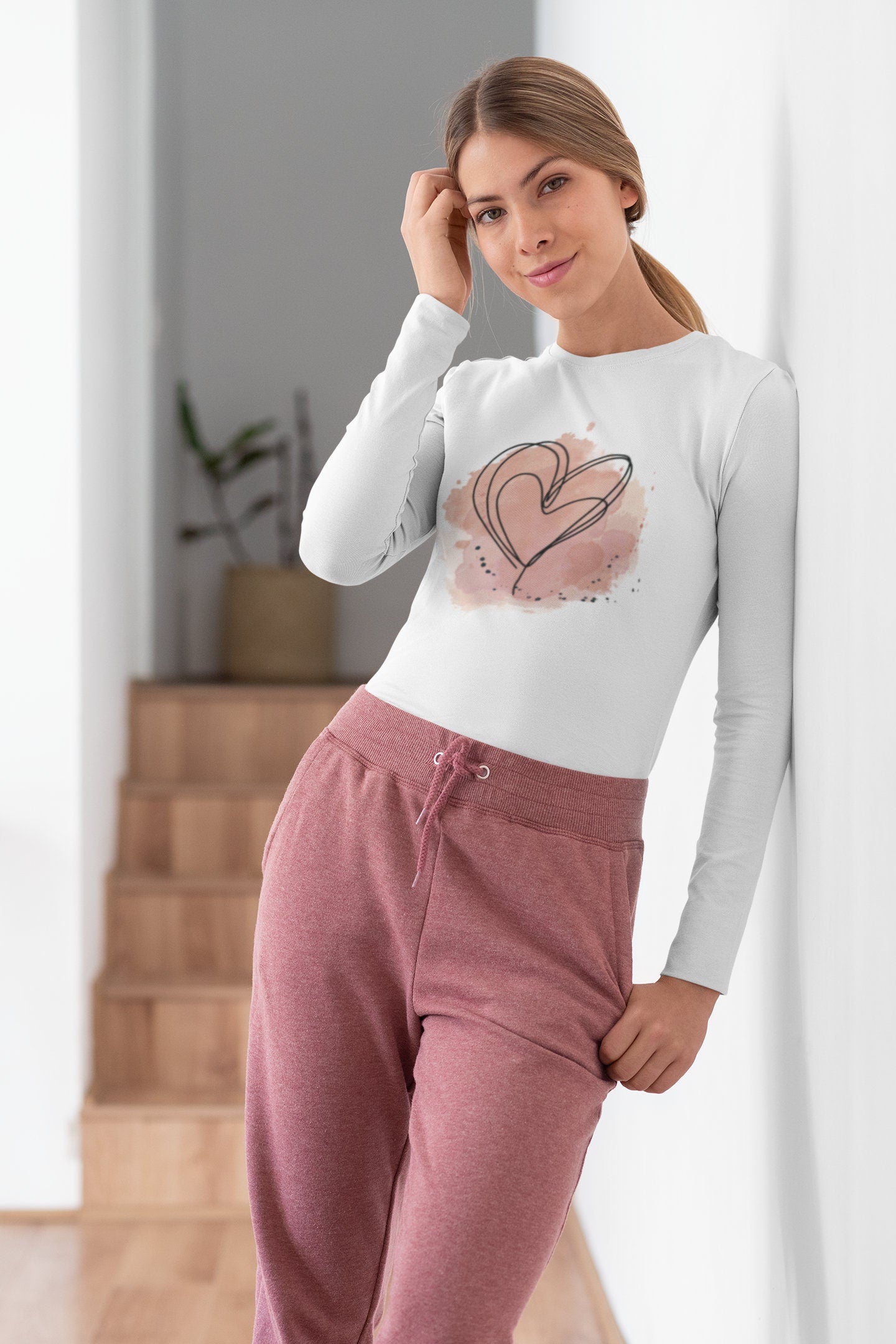 Lovely Heart Graphic T-Shirt Lightweight Long Sleeve Tee Watercolor Design