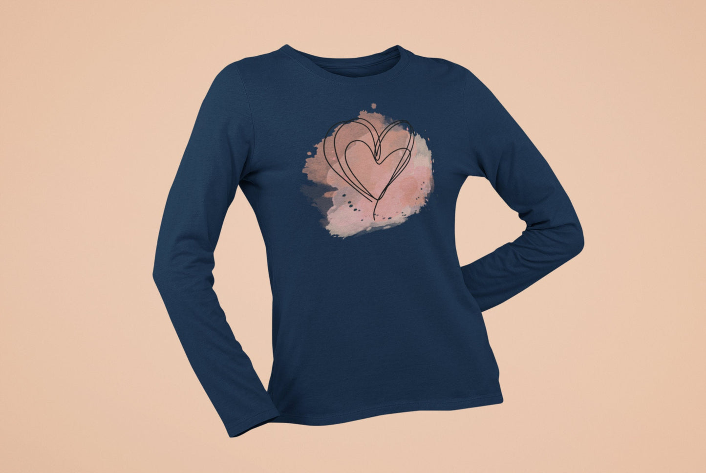 Lovely Heart Graphic T-Shirt Lightweight Long Sleeve Tee Watercolor Design