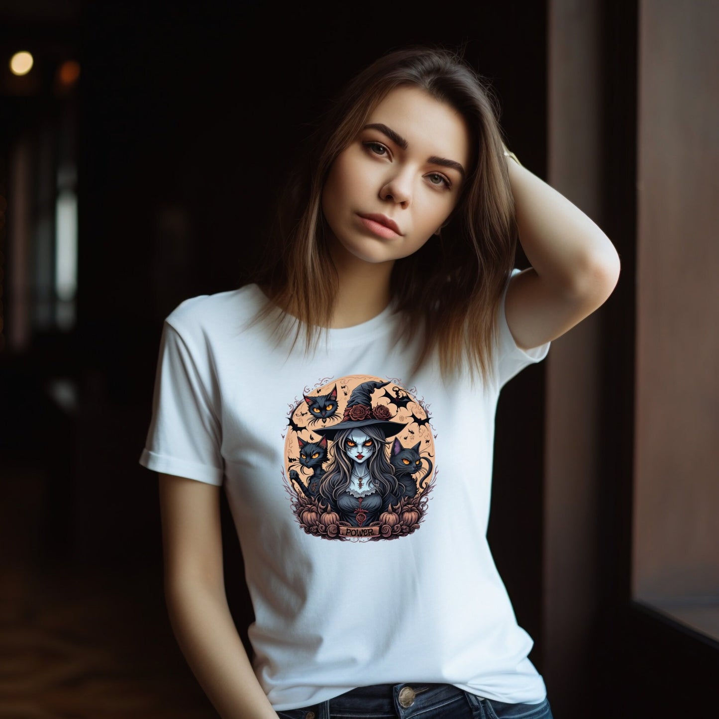 Halloween T Shirt, Witch Graphic Top, Halloween Costume, Haunted House Tee, Black Cats, Gift for Her, Fall Colors, Loose Fit Scary Tshirt