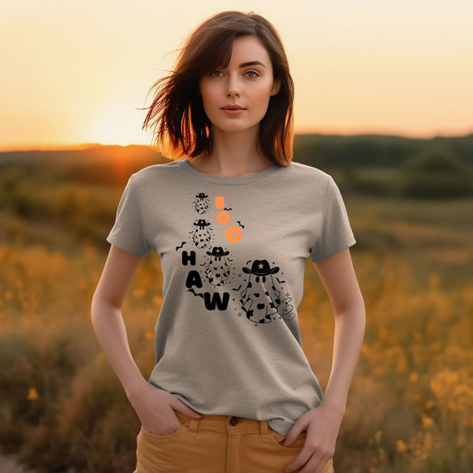 Halloween T Shirt Cow Ghost Costume, Western Cowboy Tee, Haunted Old West T-shirt, Silly Quote Women's Top, Graphic Humor BooHaw, Funny Mens
