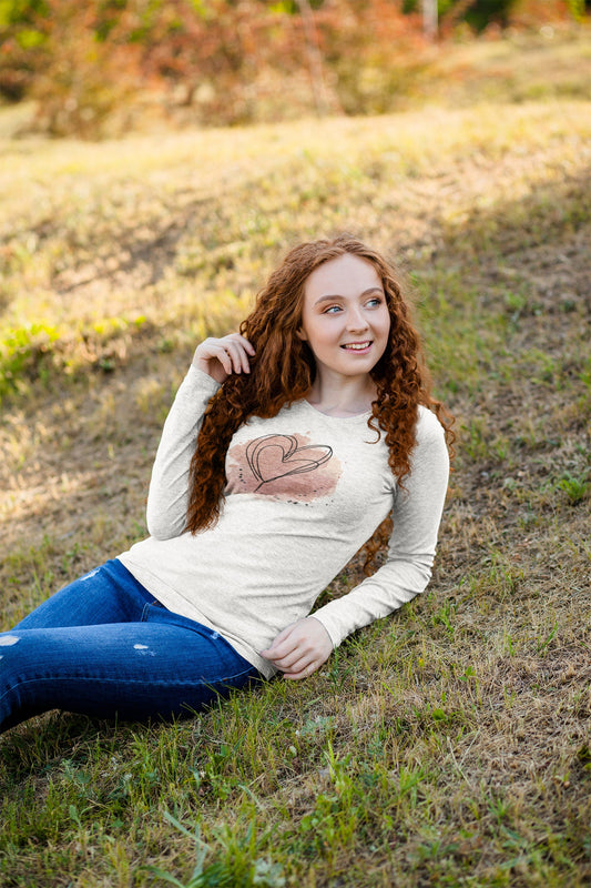 Lovely Heart Graphic T-Shirt Lightweight Long Sleeve Tee Watercolor Design