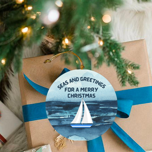 Ocean Christmas Ornament Watercolor Design Seaside Holiday Decor Christmas Gift Idea Calming Blue Seas Ornament