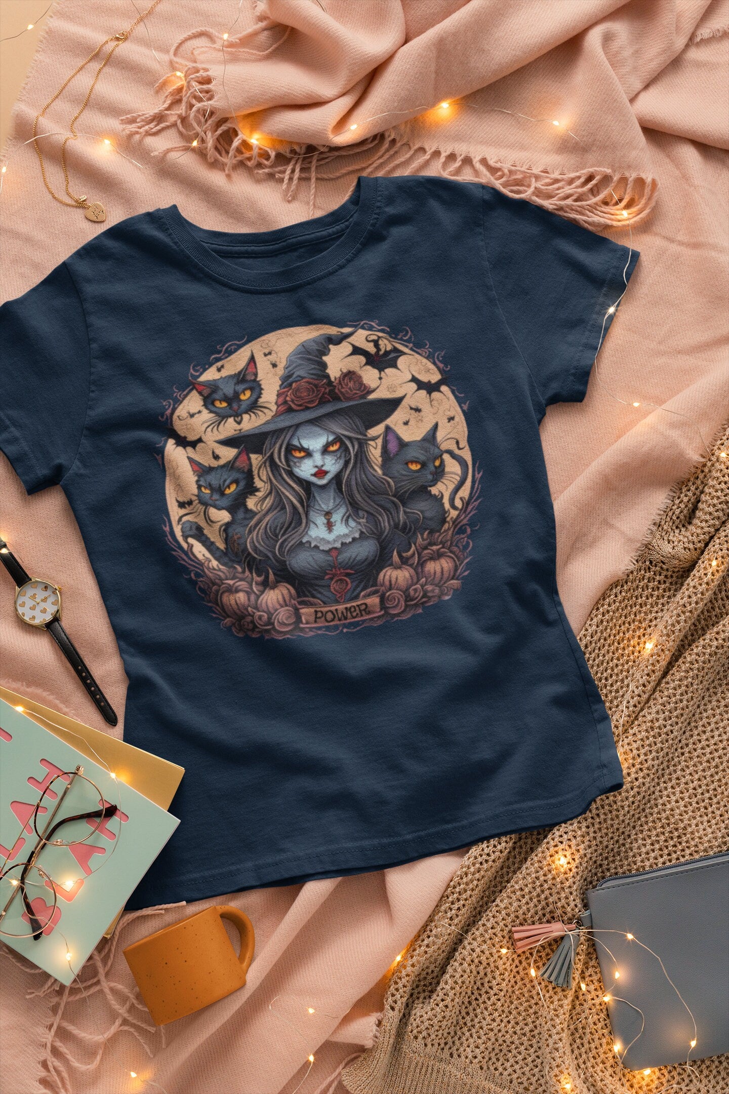 Halloween T Shirt, Witch Graphic Top, Halloween Costume, Haunted House Tee, Black Cats, Gift for Her, Fall Colors, Loose Fit Scary Tshirt