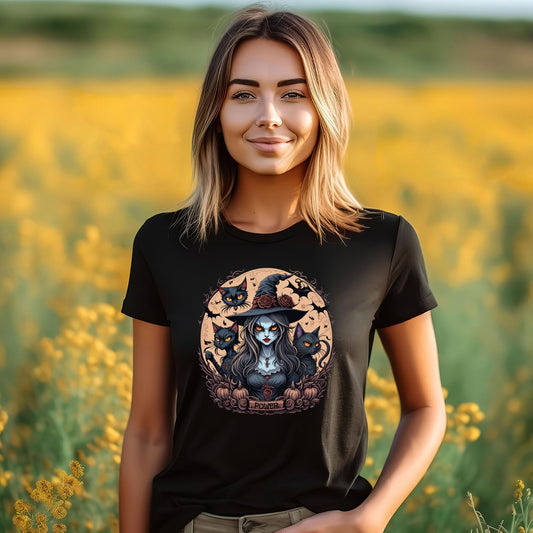 Halloween T Shirt, Witch Graphic Top, Halloween Costume, Haunted House Tee, Black Cats, Gift for Her, Fall Colors, Loose Fit Scary Tshirt