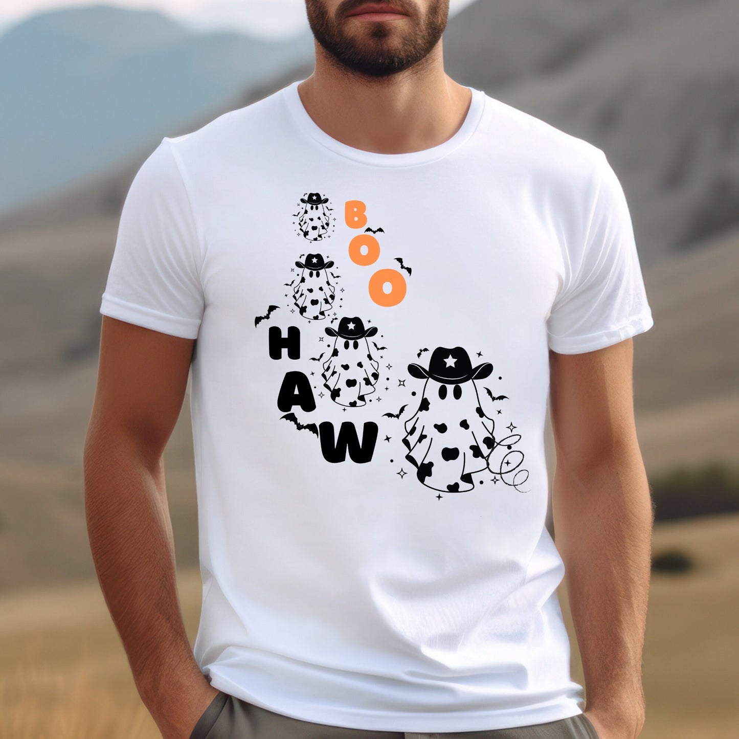 Halloween T Shirt Cow Ghost Costume, Western Cowboy Tee, Haunted Old West T-shirt, Silly Quote Women's Top, Graphic Humor BooHaw, Funny Mens