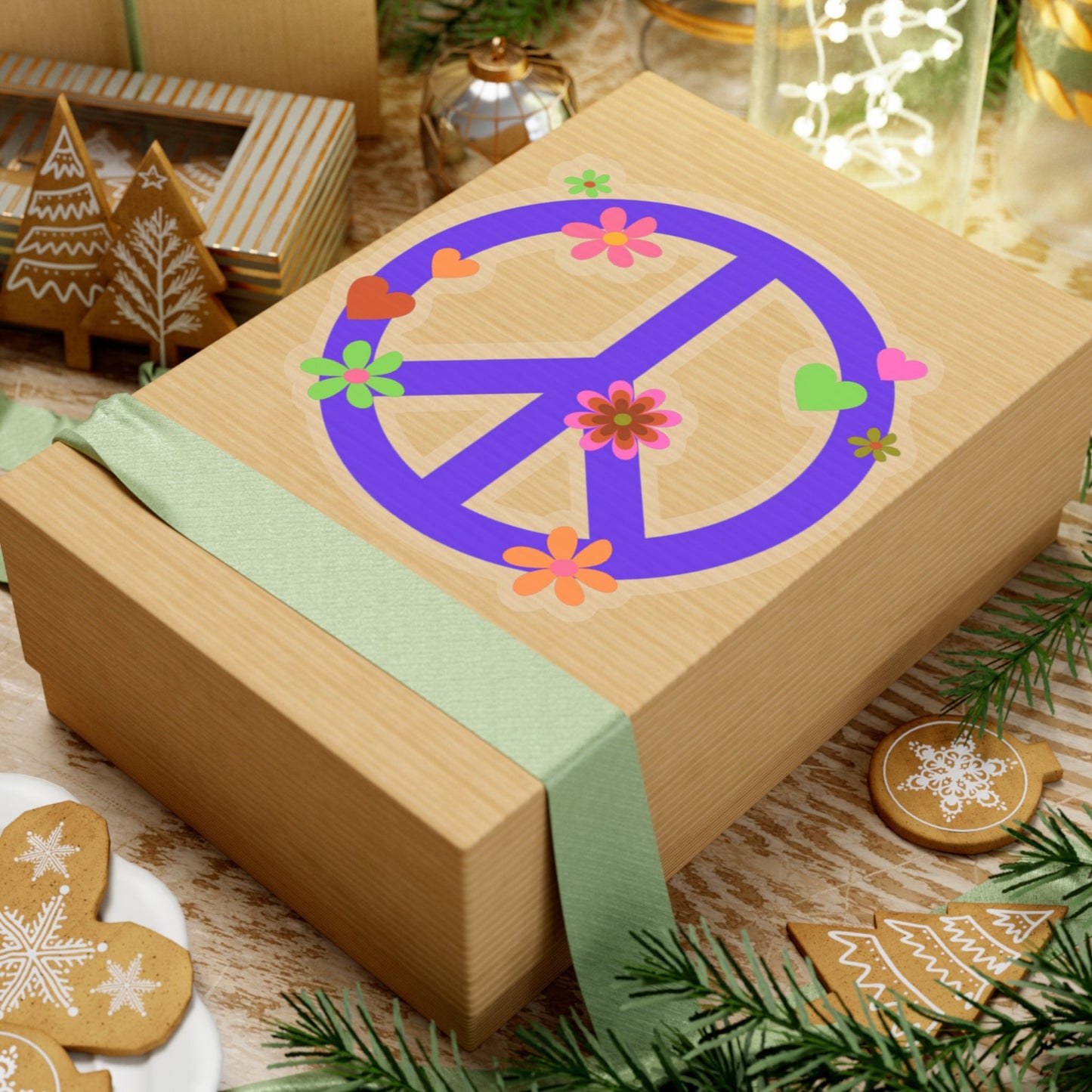 Peace Sign Kiss-Cut Sticker Bright Purple Hippie Floral Retro Peace Decal